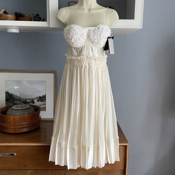 Vanessa Bruno Ivory Chiffon Pleated Ruffle Bustier Dress Size 34 Runway